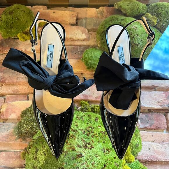 PRADA Black Patent Leather Pointed Toe Sling Backs w/bow SZ 36.5 (6.5 US) - Picture 3 of 11